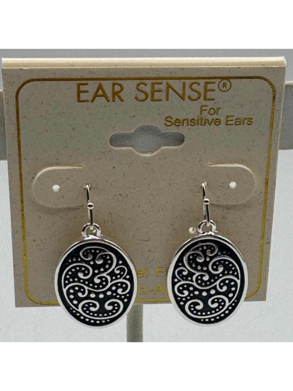 Ear Sense Oval Dangle Earrings For Sensitive Ears Silver-Tone & Black Design New